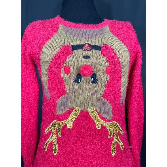 Red Fuzzy Christmas Sweater, Forever and Ever, Youth, Cute Upside Down Reindeer - Picture 2 of 6